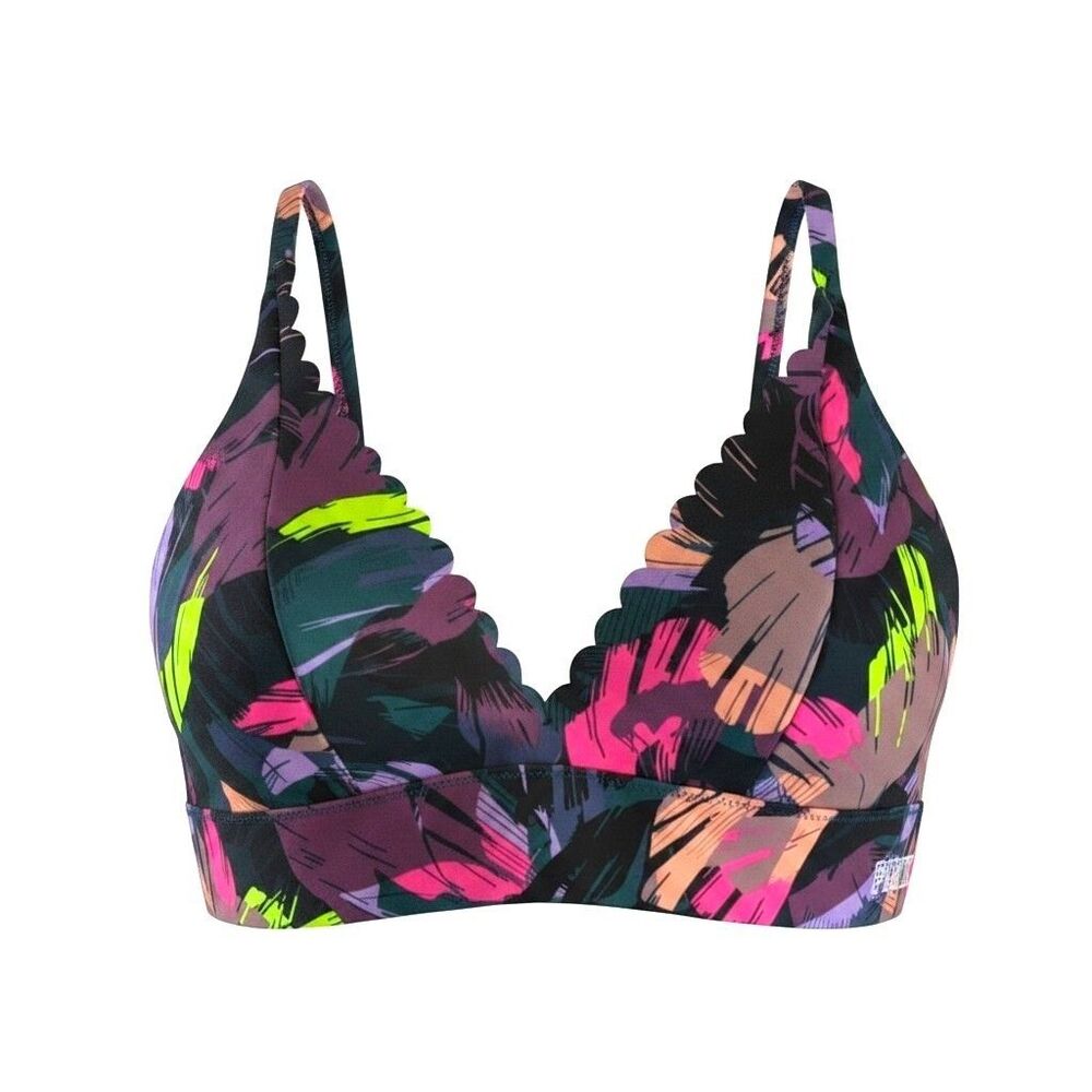 VS PINK Bonded Bralette Bra Sz L Neon Tropical Palm Floral Scalloped Wireless